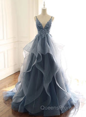 Tulle Long Evening Prom Dress With Spaghetti Straps And Ruffled Floor Length Skirt