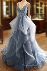 Tulle Long Evening Prom Dress With Spaghetti Straps And Ruffled Floor Length Skirt