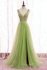 Tulle V Neck Sequins Beaded Dress With Slit