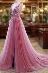 Tulle V Neck Sequins Beaded Dress With Slit