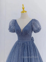 Tulle V Neck Short Sleeve Blue Sparkle Evening Prom Dress With Bow