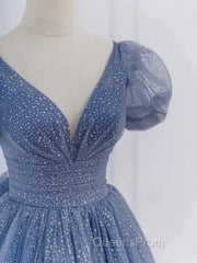 Tulle V Neck Short Sleeve Blue Sparkle Evening Prom Dress With Bow