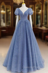 Tulle V Neck Short Sleeve Blue Sparkle Evening Prom Dress With Bow