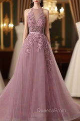 Tulle Wisteria Evening Prom Dress A-Line/Princess Scoop Neck Court Train With Appliqued