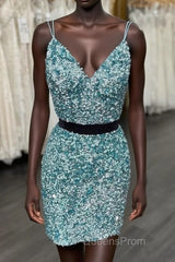 Two Piece Blue Sequins Tight Homecoming Dress,Sparkly Cocktail Party Dress