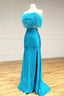 Two-Piece Feathers Strapless Satin Long Prom Dress with Slit