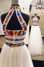 Two Piece High Neck Long Prom Dress with Appliques Sleeveless