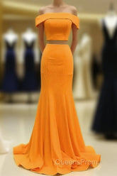 Two Piece Orange Evening Prom Dress Mermaid Off Shoulder