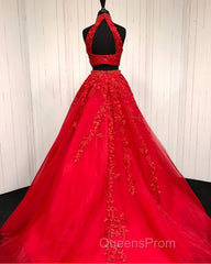 Two Piece Tulle Ball Gowns Quinceanera Dress Beaded High Neck With Lace Embroidery