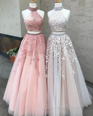 Two Piece Tulle Ball Gowns Quinceanera Dress Beaded High Neck With Lace Embroidery