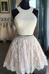 Two Pieces Halter Lace Skirt Pearls Bodice Cute Homecoming Dress