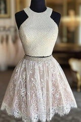 Two Pieces Halter Lace Skirt Pearls Bodice Cute Homecoming Dress