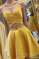 Two Pieces Short Yellow Evening Prom Dress, Short Yellow 2 Pieces Formal Homecoming Dress