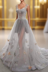 Gray Long Evening Prom Dress with Butterfly, New Arrival Unique Evening Dress