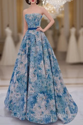 Unique A-Line Flower Satin Blue Long Evening Prom Dress, Blue Long Formal Dress