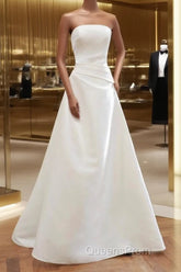 Unique A Line Strapless Satin White Wedding Dress Brides Dress