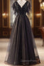Unique And Beautiful Black Beaded Short Sleeved Sequin Ball Dress With Black A-Shaped Princess V-Neck Backless Chiffon And Floor Length Evening Dress