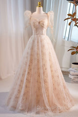 Unique And Beautiful Champagne Sequin Square Neck Fluffy Short Sleeved Ball Dress Champagne A-Shaped Princess Backless Strap And Floor Length Evening Dress