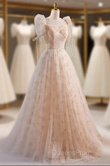 Unique And Beautiful Champagne Sequin Square Neck Fluffy Short Sleeved Ball Dress Champagne A-Shaped Princess Backless Strap And Floor Length Evening Dress