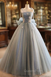 Unique And Beautiful Gray Sticker Sleeveless Off The Shoulder Ball Dress, Gray A-Line Princess Sheer Thin Shoulder Strap, Backless Tie Bow And Ground Length Evening Prom Dress