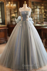 Unique And Beautiful Gray Sticker Sleeveless Off The Shoulder Ball Dress, Gray A-Line Princess Sheer Thin Shoulder Strap, Backless Tie Bow And Ground Length Evening Prom Dress