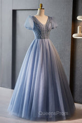Unique And Beautiful Sky Blue Beaded Rhinestone Fluffy Short Sleeved Ball Dress With Sky Blue A-Shaped Princess V-Neck Backless Strap And Ground Length Evening Dress