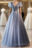 Unique And Beautiful Sky Blue Beaded Rhinestone Fluffy Short Sleeved Ball Dress With Sky Blue A-Shaped Princess V-Neck Backless Strap And Ground Length Evening Dress