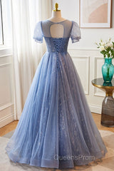 Unique And Beautiful Sky Blue Low Round Neck Short Sleeved Beaded Sequin Ball Dress With Sky Blue A-Line/Princess Backless Strap And Ground Length Evening Dress