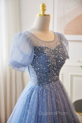 Unique And Beautiful Sky Blue Low Round Neck Short Sleeved Beaded Sequin Ball Dress With Sky Blue A-Line/Princess Backless Strap And Ground Length Evening Dress