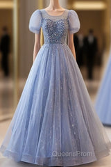 Unique And Beautiful Sky Blue Low Round Neck Short Sleeved Beaded Sequin Ball Dress With Sky Blue A-Line/Princess Backless Strap And Ground Length Evening Dress