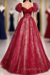 Unique And Beautiful Wine Red Sequin Square Neckline Short Sleeved Ball Dress Wine Red A-Shaped/Princess Fluffy Backless Tie Bow And Floor Length Evening Dress