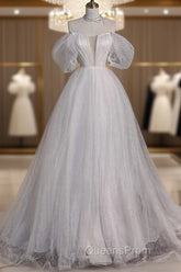 Unique Ball Gown Off The Shoulder Sequin Short Sleeves White Wedding Dress Brides Dress