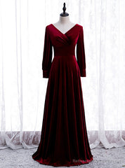 Unique Burgundy Velvet Long Sleeve V-neck Pleats Prom Dress
