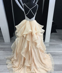 Unique champagne tulle sequin long Evening Prom Dress, champagne evening Dress