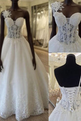 Unique Design One Shoulder See Through A-Line Lace Tulle Wedding Dress,