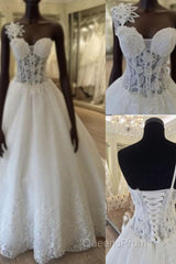 Unique Design One Shoulder See Through A-Line Lace Tulle Wedding Dress,