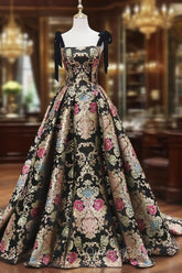 Unique Floral Floor Length Evening Prom Dress, A-Line Black Evening Dress