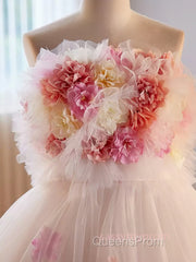 Unique High Low Flower Pink Tulle Sweetheart Evening Prom Dress