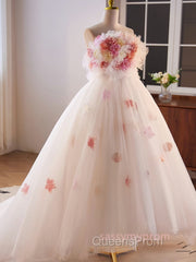 Unique High Low Flower Pink Tulle Sweetheart Evening Prom Dress