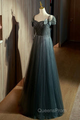 Unique Ink Blue Spotted Off Shoulder Short Sleeve Sequin Ball Dress Ink Blue A-Line Off Back Tie Bow And Floor Length Evening Prom Dress