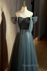 Unique Ink Blue Spotted Off Shoulder Short Sleeve Sequin Ball Dress Ink Blue A-Line Off Back Tie Bow And Floor Length Evening Prom Dress