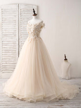 Unique Lace Applique Tulle Long Champagne Prom Dresses Sweet 16 Dress
