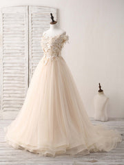 Unique Lace Applique Tulle Long Champagne Prom Dresses Sweet 16 Dress