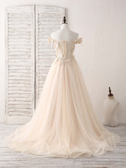 Unique Lace Applique Tulle Long Champagne Prom Dresses Sweet 16 Dress