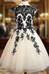 Unique Lace Tulle Short Evening Prom Dress, Lace Bridesmaid Dress