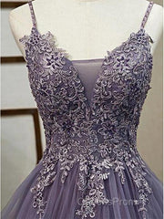 Unique Long Tulle Spaghetti Straps Evening Prom Dress Evening Dress With Lace Applique,