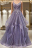 Unique Long Tulle Spaghetti Straps Evening Prom Dress Evening Dress With Lace Applique,