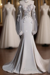 Unique Mermaid Off The Shoulder Long Tulle White Wedding Dress Brides Dress