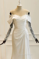 Unique Mermaid Off The Shoulder Pleats Satin Long Sleeves Wedding Dress Brides Dress