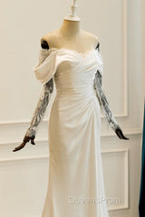 Unique Mermaid Off The Shoulder Pleats Satin Long Sleeves Wedding Dress Brides Dress